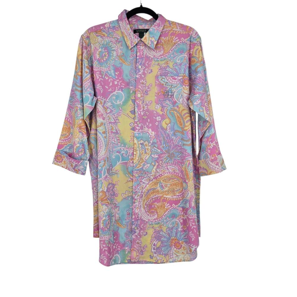Lauren Ralph Lauren Paisley Cotton Long Sleeve Button Up Sleep Shirt Size L